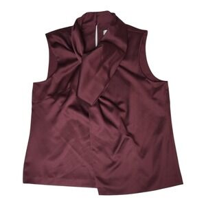 Tahari ASL Blouse Women Size L Wine Satin Draped Bow Neck Top